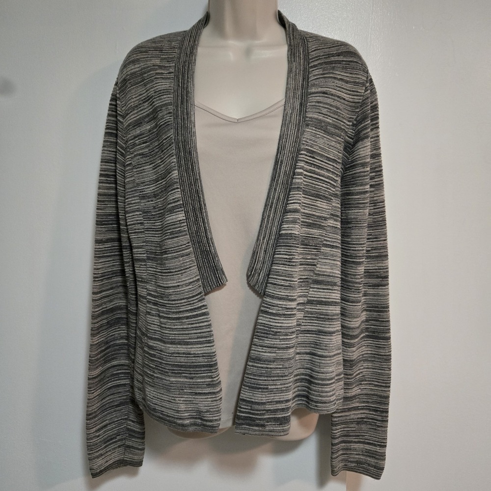 EILEEN FISHER Size S Gray Beige Cardigan Sweater Open Front Striped Long Sleeve